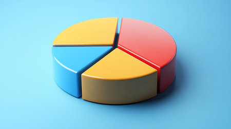 A financial D pie chart showing the division of a company's assets, with bold colors and shadows adding depth to each section.の素材