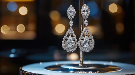 An exquisite pair of diamond drop earrings displayed on a rotating pedestal, the gems twinkling under soft lighting to create a sense of luxury and elegance.の素材