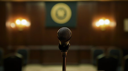 A wireless microphone resting on a podium before a press conference, with a logo backdrop in soft focus, emphasizing the importance of the event.の素材
