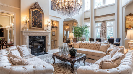 A luxurious living room with a chandelier, plush sofas, and elegant dcor, creating a warm and inviting space for entertaining guests.の素材