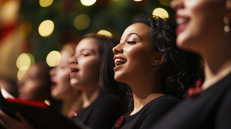 A choir performing during a festive holiday concert, with joyful decorations around them, capturing the essence of celebration through music.の素材