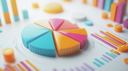 A D pie chart with bright segments popping out to highlight financial growth and expenditure, set against a clean white background.の素材