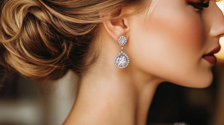 A close-up of diamond earrings being worn by a woman at a glamorous event, the jewels shining brightly against a chic hairstyle and elegant dress.の素材