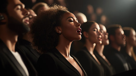 A diverse choir of singers in formal attire performing together on stage, their expressions filled with passion and concentration, under soft spotlighting.の素材