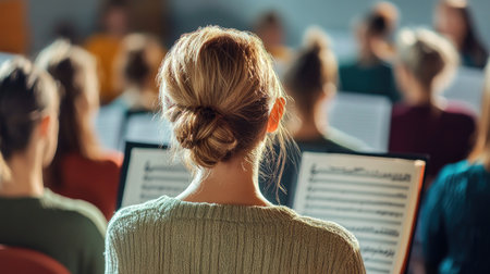 A mixed-age choir rehearsing in a cozy practice room, surrounded by sheet music, with a focus on the camaraderie and enthusiasm of the singers.の素材