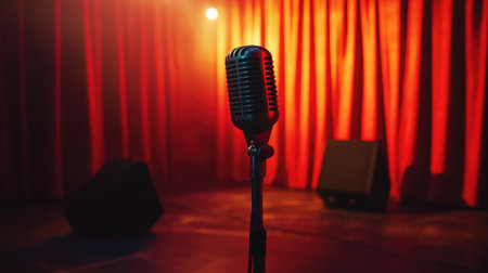 A microphone standing tall on a stage with curtains in the background, waiting for a performer to step into the spotlight.の素材