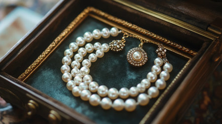 A set of vintage pearl jewelry, including a necklace and earrings, displayed in an antique jewelry box, evoking a sense of heritage and timelessness.の素材