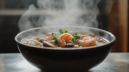A bowl of steaming hot tom yum goong soup with shrimp, mushrooms, and fresh herbs, the spicy and sour aroma rising from the vibrant broth.の素材