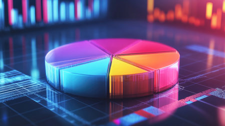 A glowing D pie chart with financial labels showing investment diversification, with each segment representing different asset allocations.の素材