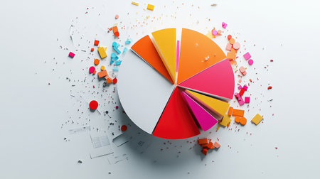 A D pie chart with bright segments popping out to highlight financial growth and expenditure, set against a clean white background.の素材