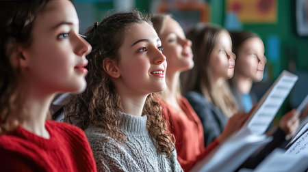 A mixed-age choir rehearsing in a cozy practice room, surrounded by sheet music, with a focus on the camaraderie and enthusiasm of the singers.の素材