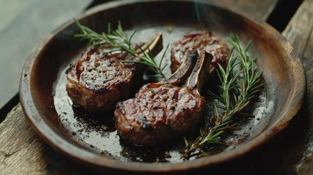Juicy grilled lamb chops with rosemary and garlic, served on a rustic plate, with the tender meat glistening under natural light.の素材
