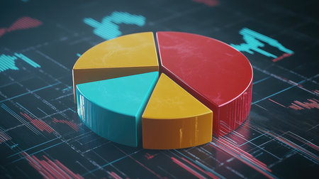 A futuristic D pie chart rotating slowly, with different sections representing stock market shares, against a digital financial background.の素材