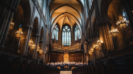 A choir performing in a grand cathedral, with stunning stained glass windows in the background, highlighting the beauty and acoustics of the space.の素材