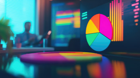 A digital screen displaying a D pie chart with vibrant colors, illustrating revenue breakdown, while financial analysts discuss the data in the background.の素材