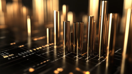 A metallic D bar chart showcasing financial data, with bars of varying heights, symbolizing different investment returns over time.の素材