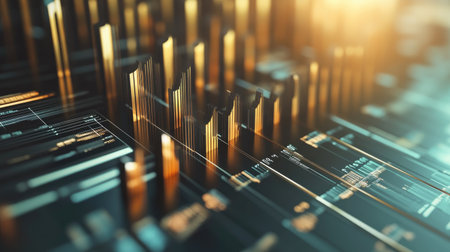 A metallic D bar chart showcasing financial data, with bars of varying heights, symbolizing different investment returns over time.の素材