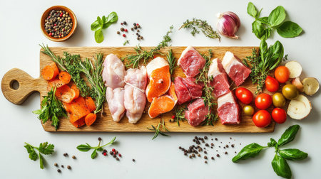 A variety of raw meats including chicken, beef, and pork, arranged on a wooden cutting board with fresh herbs and spices, ready for cooking.の素材