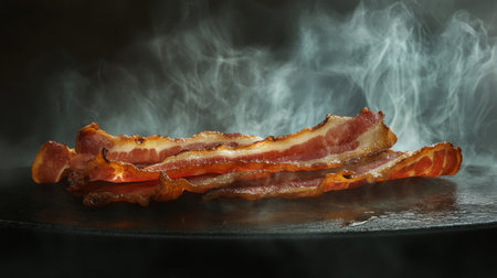 Crispy bacon strips sizzle with steam against a dark background, showcasing the enticing texture and flavor. Perfect for food-related projects.の素材