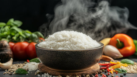 A beautifully arranged bowl of steaming white rice set against a backdrop of vibrant fresh ingredients and herbs. Perfect for culinary inspiration.の素材