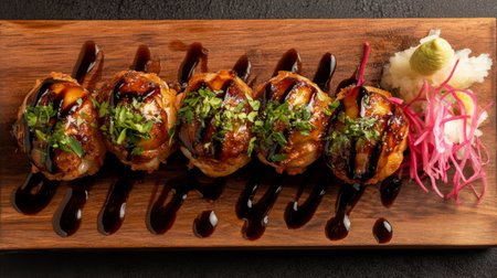 Succulent grilled chicken skewers drizzled with rich sauce and topped with fresh herbs, served elegantly on a wooden platter, ideal for any cuisine.の素材