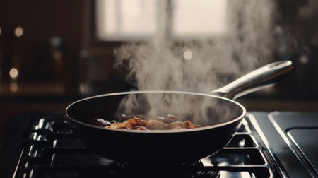 A frying pan on the stove releases steam while cooking a delicious meal. The scene captures the essence of home cooking, creating a warm and inviting atmosphere.の素材