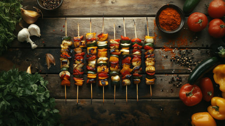 Vibrant vegetable skewers arranged on a rustic wooden table ready for grilling. Fresh ingredients showcase a healthy, colorful meal ideal for outdoor gatherings.の素材