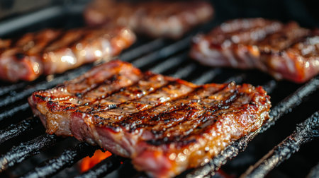A close-up view of steaks sizzling on a barbecue grill, showcasing delicious char marks and smoky flavor. Perfect for culinary and food-related projects.の素材