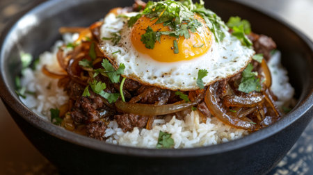 A mouthwatering beef rice bowl topped with a fried egg and fresh herbs. Perfect for any meal, this dish combines flavors and textures beautifully.の素材