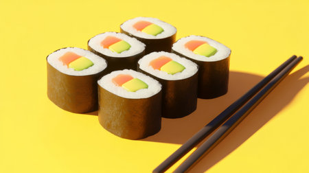 A vibrant display of sushi rolls showcases fresh ingredients against a bright yellow background, emphasizing the artistic presentation of culinary delights.の素材