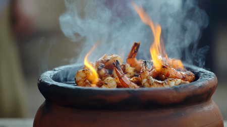 Experience the art of cooking shrimp in a clay pot over flames. The vibrant colors and lively smoke create a delicious outdoor culinary scene.の素材