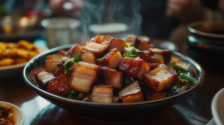 A mouthwatering plate of steamed pork belly topped with fresh green onions. The dish emits steam, showcasing its appetizing aroma and inviting flavors. Perfect for gatherings.の素材