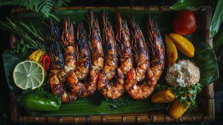A beautiful platter of grilled shrimp served with fresh vegetables and garnished with citrus. Perfect for a summer feast or gourmet dining experience.の素材