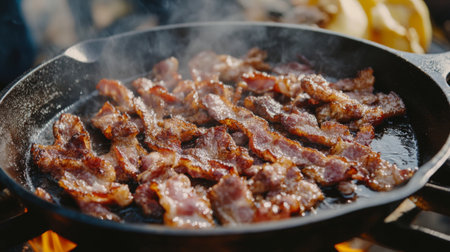 A close-up view of sizzling bacon cooking in a cast iron skillet over an open fire, creating a delicious smoky aroma, perfect for outdoor meals.の素材
