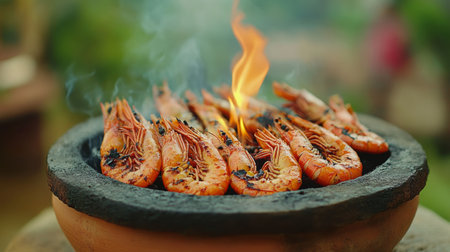 This image showcases fresh shrimp grilled to perfection over a barbecue, with flames and smoke enhancing its appetizing appearance, perfect for summer gatherings.の素材