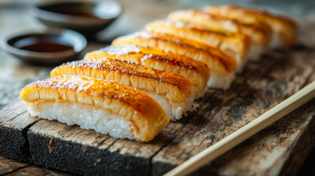 Savor the beauty of grilled sushi artfully arranged on a rustic wooden platter, perfect for showcasing sumptuous flavors and textures in a culinary masterpiece.の素材