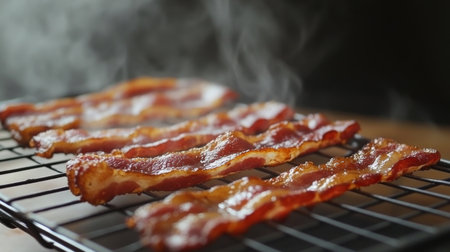 Mouth-watering slices of crispy bacon on a cooling rack release steam, showcasing their delicious texture and savory aroma, perfect for breakfast or brunch.の素材