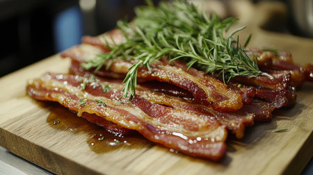 Mouthwatering strips of crispy bacon paired with vibrant rosemary create a tempting presentation on a wooden board, ideal for culinary inspiration.の素材