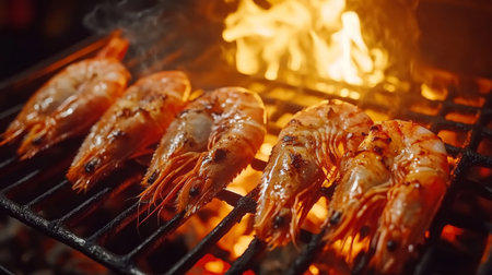 Juicy grilled shrimp sizzle on a barbecue, surrounded by flames and smoke. The vibrant colors and textures highlight this delicious seafood dish perfect for outdoor gatherings.の素材