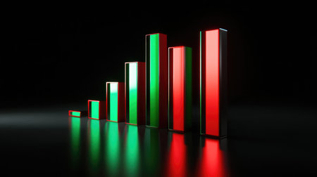 A D bar chart illustrating market fluctuations, with red and green bars highlighting gains and losses, presented in a sleek, professional style.の素材