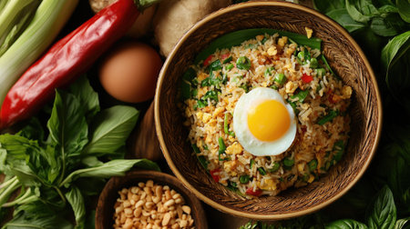 An appetizing shot of Thai basil fried rice with egg, served in a traditional Thai bowl, surrounded by fresh herbs and colorful vegetables, celebrating the flavors of Thai cuisine.の素材