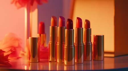 An elegant flat lay of various lipstick tubes arranged neatly on a vanity, with soft lighting highlighting their glossy finishes and chic packaging.の素材