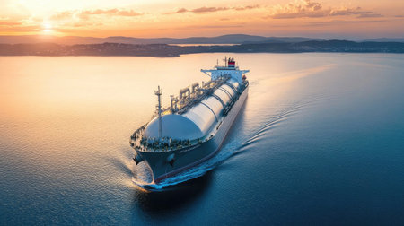 An aerial view of a large tanker ship navigating through calm waters, with its sleek hull cutting through the sea and a distant coastline on the horizon.の素材