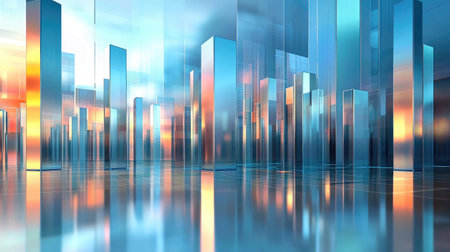 A D financial bar graph with metallic and glass-like bars, rising from a reflective surface, showcasing profits and growth in a sleek, data-driven business environment.の素材