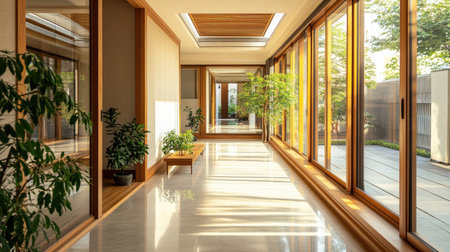 An interior view of a minimalist hallway with clean lines, a few decorative plants, and natural wood accents, leading to various rooms while maintaining a sense of openness and tranquility.の素材