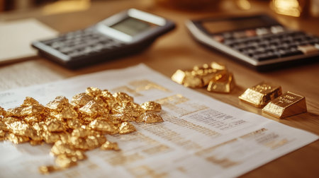 An engaging close-up of a financial report featuring a gold chart, highlighting the historical price movements of gold over the years, set on a polished wooden desk with a calculator and notepad.の素材