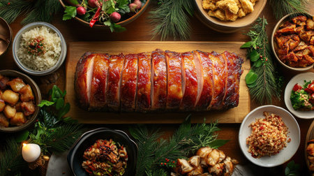 An overhead view of a crispy pork belly dish on a festive table, with various Thai side dishes and garnishes, showcasing a traditional Thai feast that's perfect for sharing with family and friends.の素材