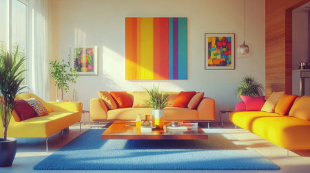 A bright and airy living room with modern art on the walls, bold-colored furniture, and a large coffee table, giving the space a lively and contemporary feel.の素材