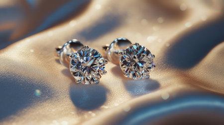 A beautifully designed pair of diamond earrings laying delicately on a satin cloth, their brilliance catching the light in a subtle yet eye-catching way.の素材