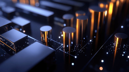 A D bar graph with metallic bars representing financial growth, set against a dark background with glowing data points and futuristic visual elements for impact.の素材